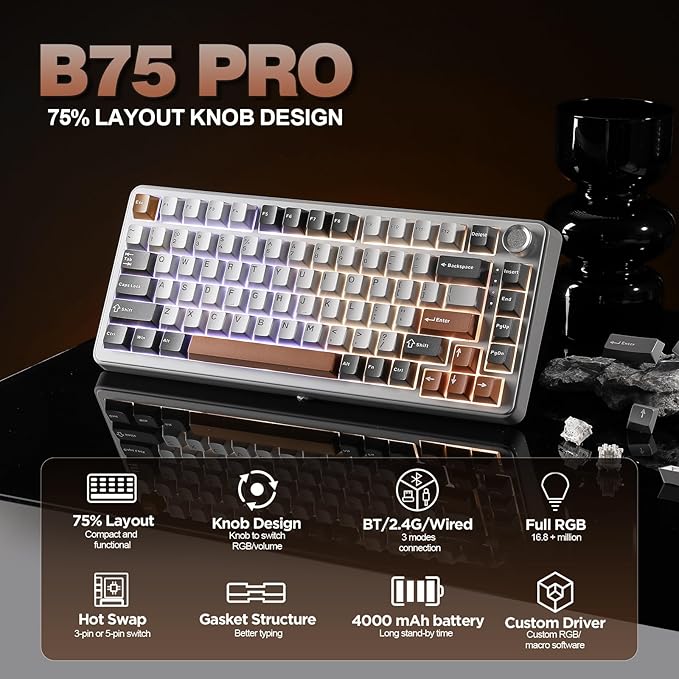 YUNZII B75 PRO 75% Wireless Mechanical Keyboard (Grey,Milk Switch) | Hot Swap Keyboard with Knob, Gasket Mount, Creamy Pre-lubed Switch for Smooth Typing, BT/USB-C/2.4G, for Gaming - Image 2