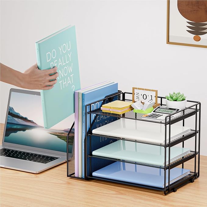 Marbrasse 4-Tier Paper Tray Organizer with File Holder, Black | Sturdy Paper Tray, Built-in File Holder, fits Letters/Docs, Saves Desk Space, for School/Office/Home - Image 5
