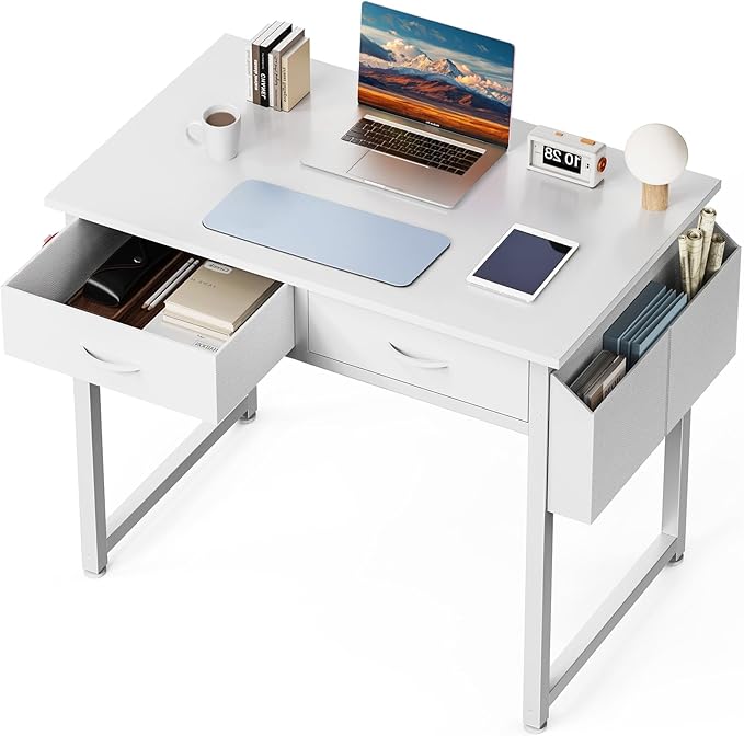 DUMOS 32" Home Office Computer Desk with Drawers, Small Gaming Writing Study Table with Storage Side Bag, Headphone Hook and Adjustable Feet for Bedroom White | Home Office Desk for Bedroom, Gaming Writing Study Desk with Adjustable Feet by DumosLifestyle