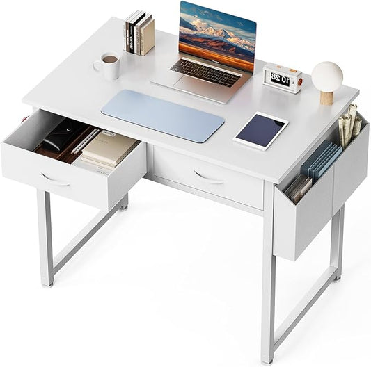 DUMOS 32" Home Office Computer Desk with Drawers, Small Gaming Writing Study Table with Storage Side Bag, Headphone Hook and Adjustable Feet for Bedroom White | Home Office Desk for Bedroom, Gaming Writing Study Desk with Adjustable Feet by DumosLifestyle