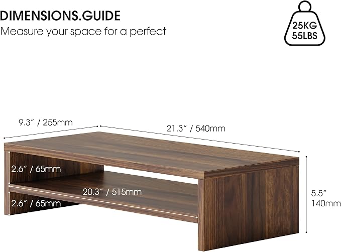 FITUEYES Monitor Stand - 2 Tier Computer Monitor Riser with 21.3 Inch Shelf, Wood Desktop Stand for Laptop Computer Screen, Desk Organization, Office Supplies - Image 3