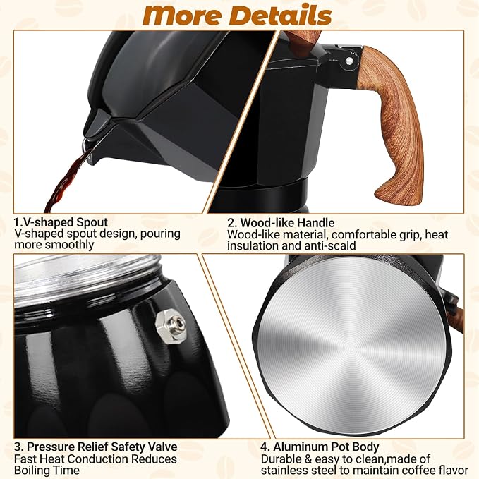 3 Cup Aluminum Moka Pot Classic Stovetop Espresso Coffee Maker 150ml 5oz Coffeemaker Percolator Mocha Pot Greca Coffee Maker Cafe Makers for Italian and Cuban Café Brewing Black - Image 6