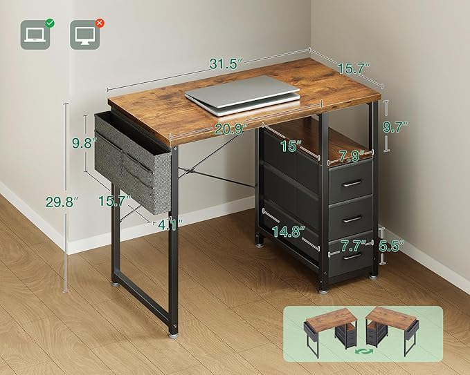 AODK 32 Inch Small Computer Desk with Fabric Drawers, Vintage | Mini Desk with Storage Shelf & Bag, Kids Study Desk for Bedroom, Home Office Desk for Small Space - Image 3