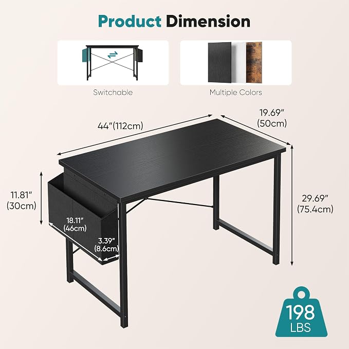 OLIXIS Computer Desk, 44 Inch Gaming Desks for Home Office Small Spaces | Writing Study Craft Work Table, Computer Workstation for Bedroom with Storage Bag, Black - Image 3
