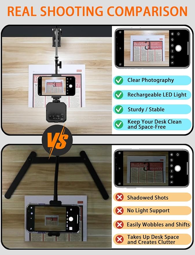 Overhead Phone Mount, Articulating Arm Cell Phone Holder with LED Light, Flexible Phone Stand for Live Streaming, Video Recording, Painting Lighting, Cooking - Image 5