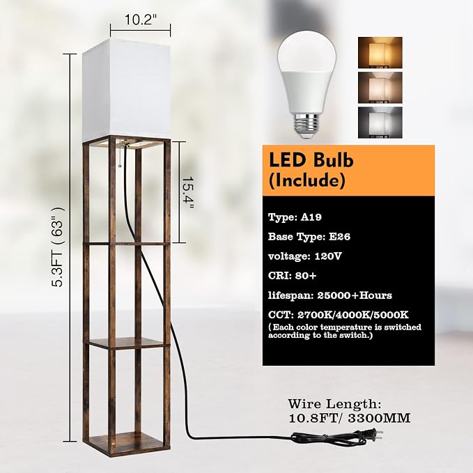 RUNTOP Floor Lamp with Shelves, Modern Shelf Lamp for Display Storage, 3 Color Temperature Wood Narrow Standing Corner Lamp with 8W Bulb for Living Room Decor, Bedroom, Office, Home Decor(Brown) - Image 7