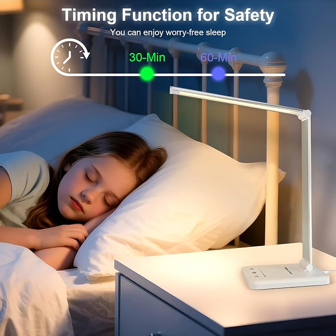 White crown LED Desk Lamp Dimmable Table Lamp Reading Lamp with USB Charging Port, 5 Lighting Modes, Sensitive Control, 30/60 Minutes Timer (White, First-Generation) - Image 8