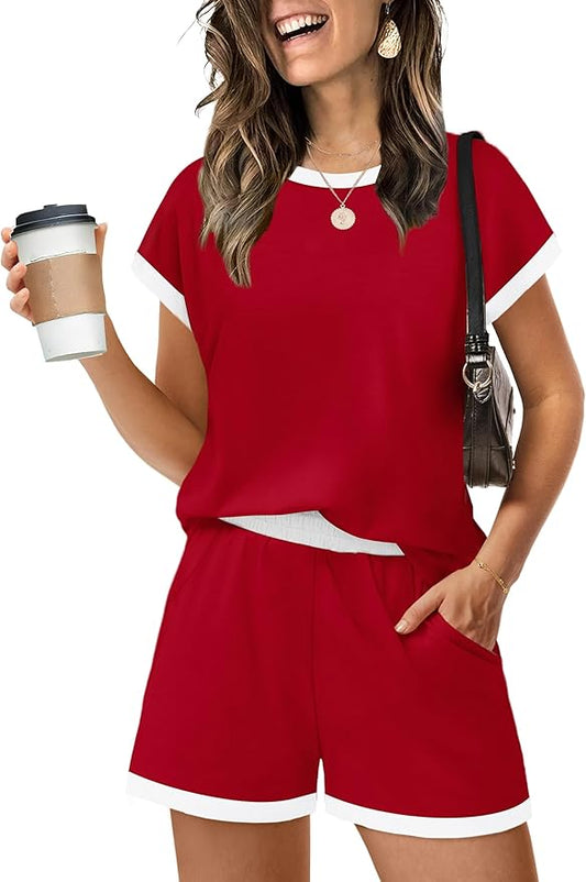 WIHOLL Two Piece Sets for Women Summer Lounge Short Sets Cap Sleeve Crew Neck Sweatsuit with Pocket XS-2XL by WIHOLL