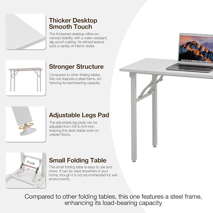 TEMI Long Computer Desk Folding Table - 55.1" Foldable Office Desk, No Assembly, Perfect Writing Table for Bedroom or Apartment, Portable Large Desk or Study Table with Compact Design, White Ash - Image 7