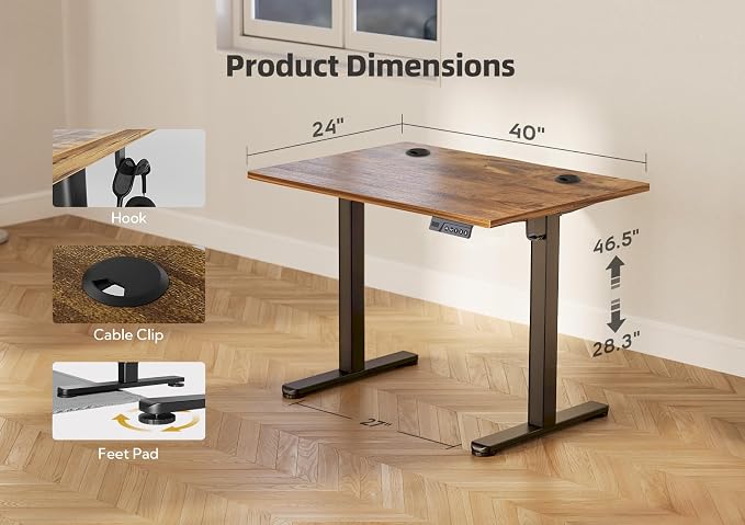 YDN 40 x 24 Inch Rustic Brown Electric Standing Desk | Adjustable Height, Sit Stand, Cable Management, Ergonomic, Home Office - Image 3