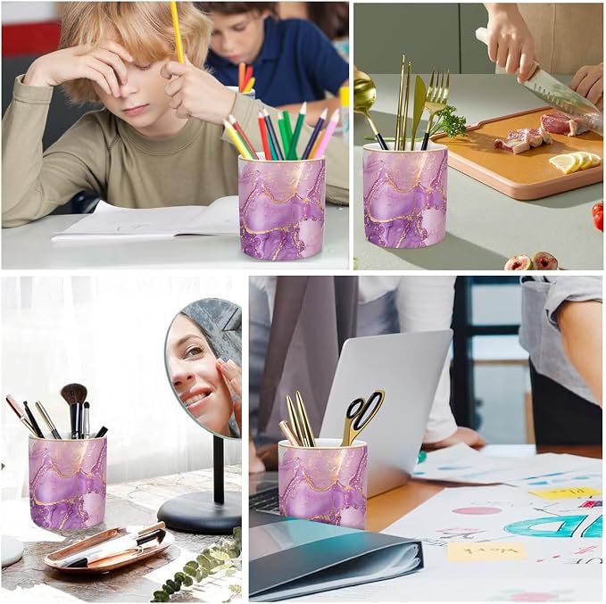 Pen Holder for Desk, Cute Ceramic Pencil Holder, Pen Cup Marker Holder Makeup Brush Holders, Desk Accessories & Workspace Organizers for Home, Office, Purple Marble - Image 3