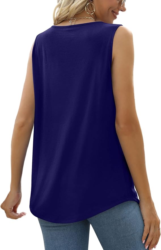 Saloogoe Summer Tank Tops for Women Loose Fit Pleated Square Neck Sleeveless Tops Curved Hem Flowy - Image 4