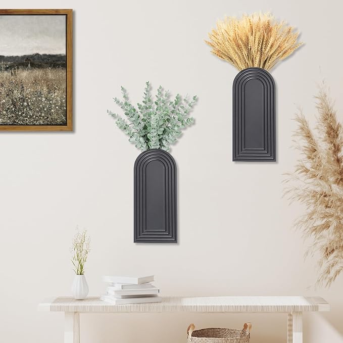 Dnnnii 2 Pack Wooden Wall Vase Set - Black Finish Modern Farmhouse & Boho Wall Decor for Entryway, Hallway, Bathroom, Living Room, Dining Room, Narrow Spaces - Image 4