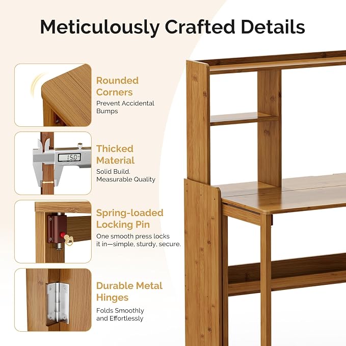 Folding Desk with Bookshelf, Compact Foldable Desk for Small Spaces,Brown | Bamboo Computer Desk with Storage Shelf, Space-Saving Home Office Desk with Hutch for Bedroom, Dorm, Apartment - Image 5