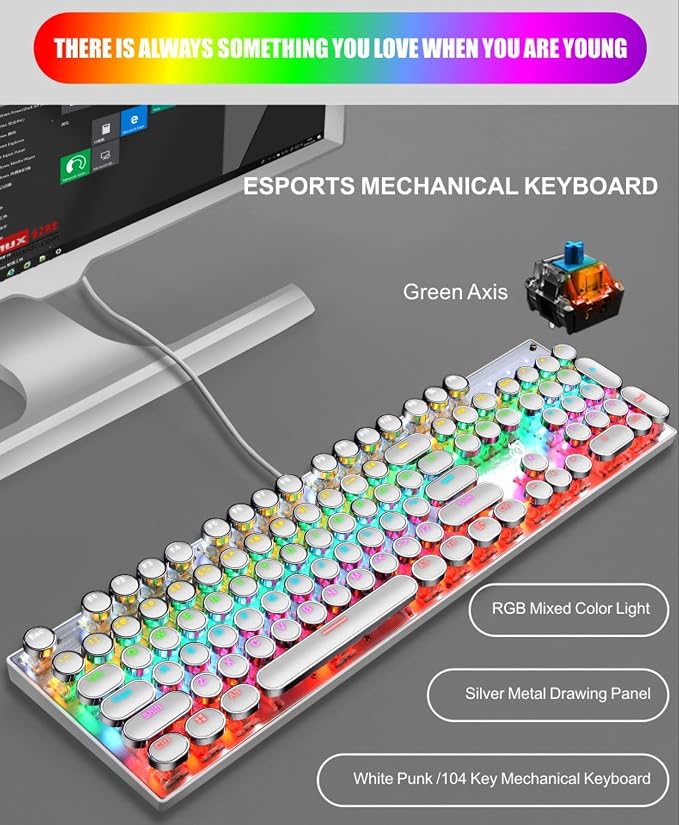 YSCP Typewriter Style Mechanical Gaming Keyboard Rainbow Backlit Wired with Blue Switch Retro Round Keycap 104 Keys Keyboard (L-White) - Image 2