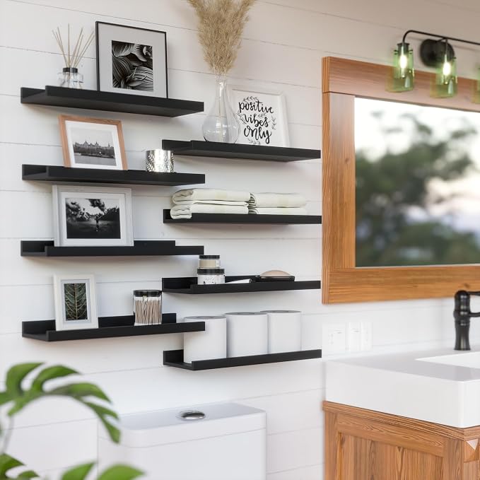 RICHER HOUSE 8-Set Floating Shelves with Lip, Black Wall Mounted Wood Shelf | Display Picture Ledge Shelf, Anti-drop lip Shelf for Room Wall Decor, Bedroom Bathroom Storage Nursery Hanging Book Shelves - Image 6