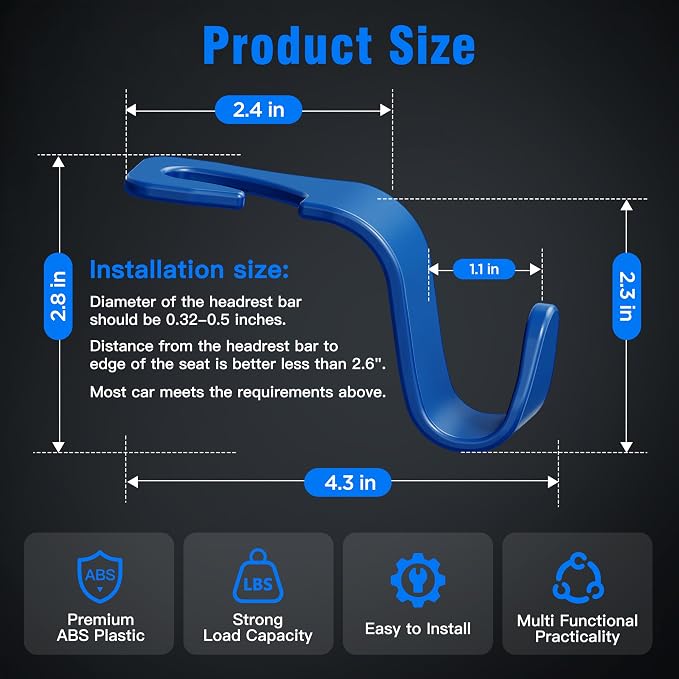 Amooca Car Seat Headrest Hook 4 Pack Hanger Universal Vehicle Car Storage Organizer for Handbag Purse Coat S Type Blue - Image 6