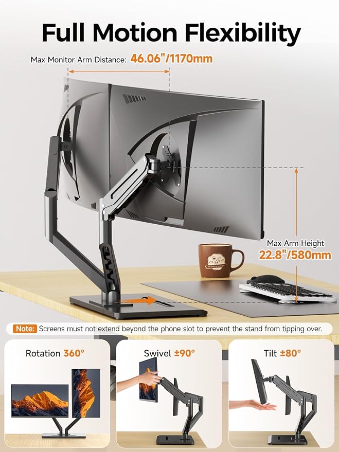 Bracwiser Dual Monitor Stand Free Standing Desk Mount, Premium Dual Monitor Arm Fits Two Screens up to 40 inch 26.45 lbs Fully Adjustable Arms with Heavy-Duty Wooden Base, Max VESA 100x100mm (MLXSPC) - Image 3