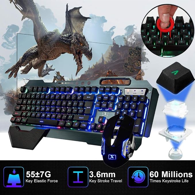 Wireless Gaming Keyboard and Mouse,Rainbow Backlit Rechargeable Keyboard Mouse with 3800mAh Battery Metal Panel,Removable Hand Rest Mechanical Feel Keyboard and 7 Color Gaming Mute Mice for PC Gamers - Image 6