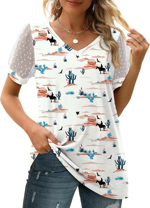 Aokosor Womens Summer Tops V Neck T Shirts Swiss Dot Puff Sleeve Tops Loose Casual Tshirts - Image 3
