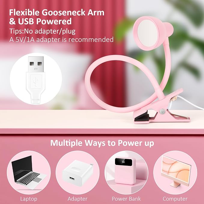 LiFMIRA Pink Small Desk Lamp Clip on LED Reading Light for Bed | 3 Color Modes 10 Dimmable Brightness, Book in Bed Headboard, Flexible Reading Lamp with Clamp BL08 - Image 6