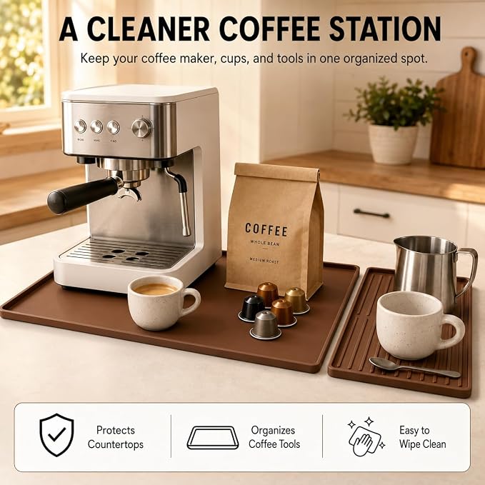 Silicone Coffee Mat 24 x 16 in with Tray, Classic Coffee Brown | Coffee bar mat for countertop use, coffee station mat or coffee machine mat with removable tray and 0.47 in raised rim. - Image 2