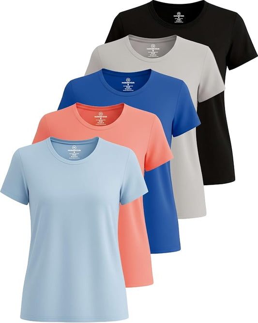 5 Pack Women's Dry Fit Short Sleeve Athletic Gym Workout Running Tops | Available in Plus Size, Exercise, Sports, Fitness, Quick Dry, Cooling, Moisture Wicking, Loose Basic Tees, Yoga, Pilates by RealEssentials