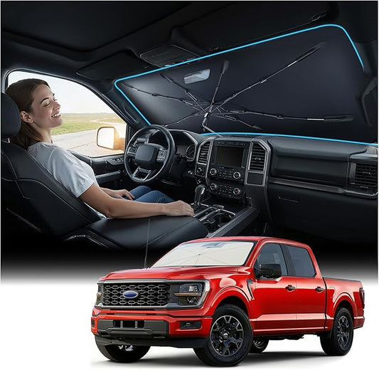 Nmoiss Windshield Sun Shade Umbrella for Ford F150 F250 F350 & Explorer - [Vinyl Coating Heat Shield] Protect Car from Sun Rays & Heat Damage Keep Cool and Protect Interior, Spring Structure Edge by Nmoiss