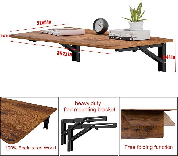 IAE 36x22in Floating Fold Desk,Wall-Mounted Folding Computer Table,Rustic | Study Table with Shelf Brackets,Foldable Down Shelf with Engineered Wood,Fold Computer Desk for Small Apartment,Holds 502 lb - Image 2