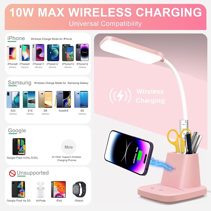 LED Desk Lamp with 10W Wireless Charging & Pen Holder, Pink | CRI 95, 800LM, Stepless Dimming, 3 Modes, 360°Flexible Arm, Touch, Study Table Lamp for Home Office, Dorm Room, with Adapter - Image 3