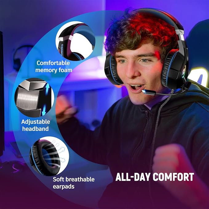 Ozeino Gaming Headset for PC, Ps4, Ps5, Xbox Headset with 7.1 Surround Sound, Gaming Headphones with Noise Cancelling Mic RGB Light Over Ear Headphones for Xbox Series X/S, Switch-Blue - Image 5