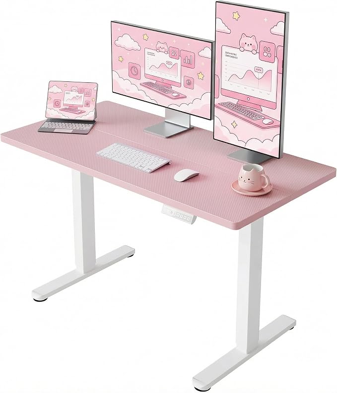 HUANUO Electric Standing Desk,48" x 24" Height Adjustable Desk, 4 Memory Height Settings, Sit to Stand Up Desk for Home Office, with Headphone Hook, Cable Manager, Pink by HUANUO