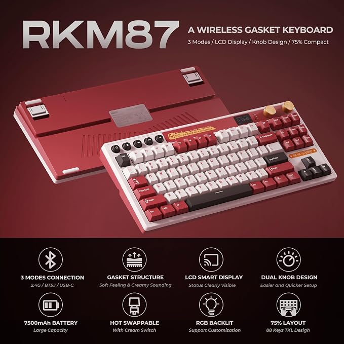 RK ROYAL KLUDGE M87 Wireless Gaming Keyboard with Screen & Dual Knobs, Red | Bluetooth/2.4G/Wired, Hot Swappable Cream Switches, 5-Layer Noise Dampening Gasket Structure,Compact 75% Size for PC/WIN/Mac - Image 2