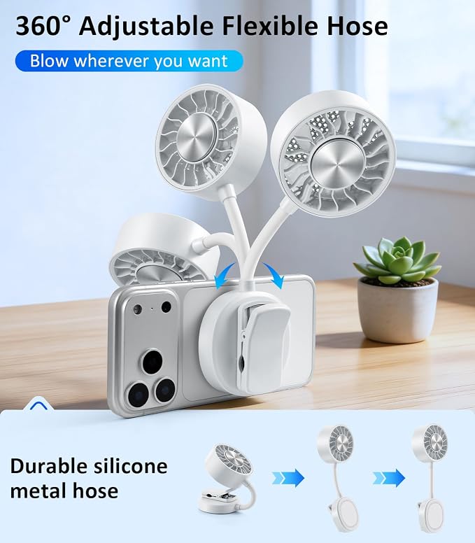 Magnetic Phone Fan with Ice Cooling, 3-in-1 Clip on Fan & Phone Stand, Rechargeable Mini Handheld Fan, 360° Flexible Gooseneck Portable Fan for Cruise Travel Desk Gym Makeup（White） - Image 4