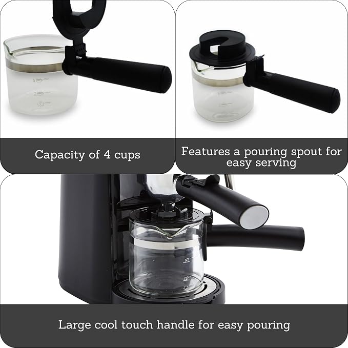 IMUSA 4 Cup Glass Replacement Carafe with Black Handle for Coffeemaker | Bare Glass Finish, Cool-Touch Black Handle with Lid, Ideal for Espresso, Perfect for Home or Office - Image 2