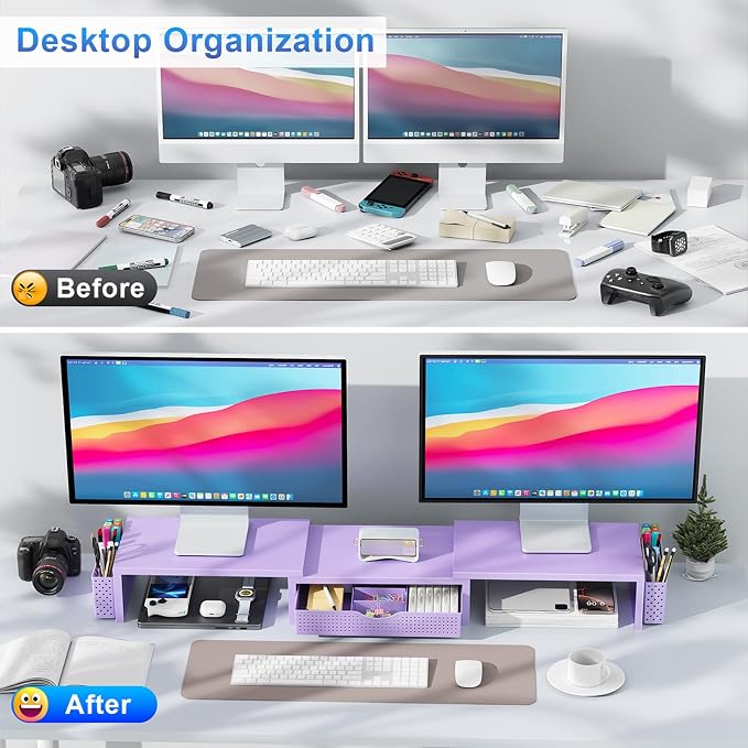 gianotter Dual Monitor Stand Riser, Desk Organizer With Drawer and 2 Pen Holders, Desk Organizers and Accessories, Purple Office Decor (Purple) - Image 2