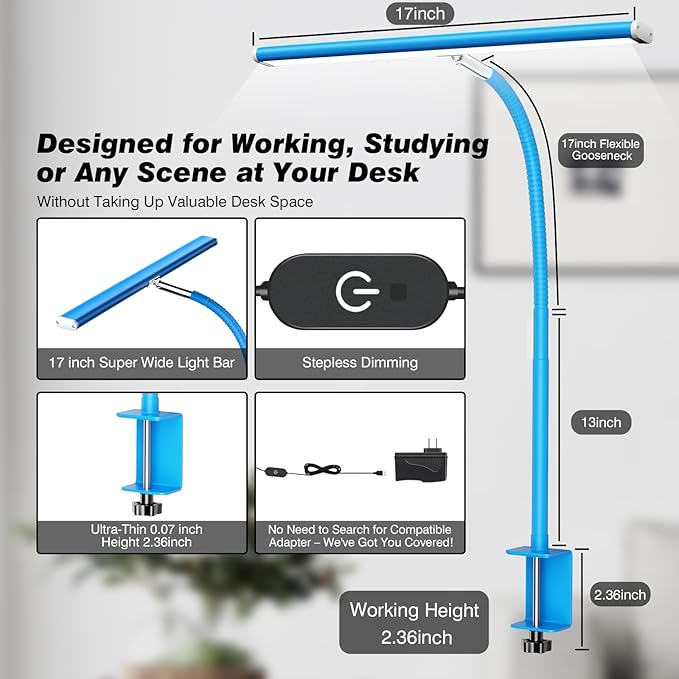 Airlonv LED Desk Lamp for Office Home, Eye-Caring Desk Light with Stepless Dimming Adjustable Flexible Gooseneck, 10W USB Adapter Desk Lamp with Clamp for Reading, Study, Workbench (Blue) - Image 3