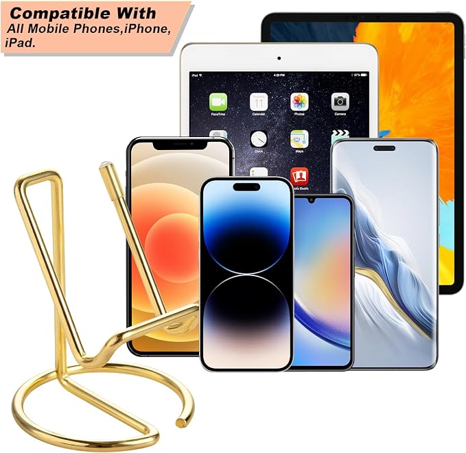 ROPOSY 2 Pack Cell Phone Stand for Desk, Cute Metal Gold Cell Phone Stand Holder Desk Accessories, Compatible with All Mobile Phones, iPhone, iPad - Image 2