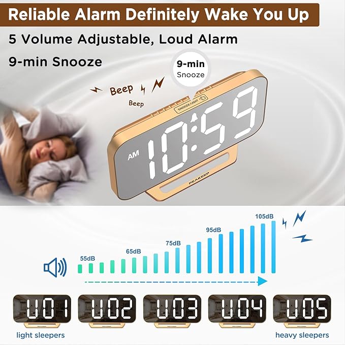 Peakeep Slim Digital Mirror Aesthetic Alarm Clock for Bedrooms Desk Decor | Plug in Electric Big LED Modern Small Clock for Office Living Room, Battery Backup, 6 Dimmers (Gold) - Image 5