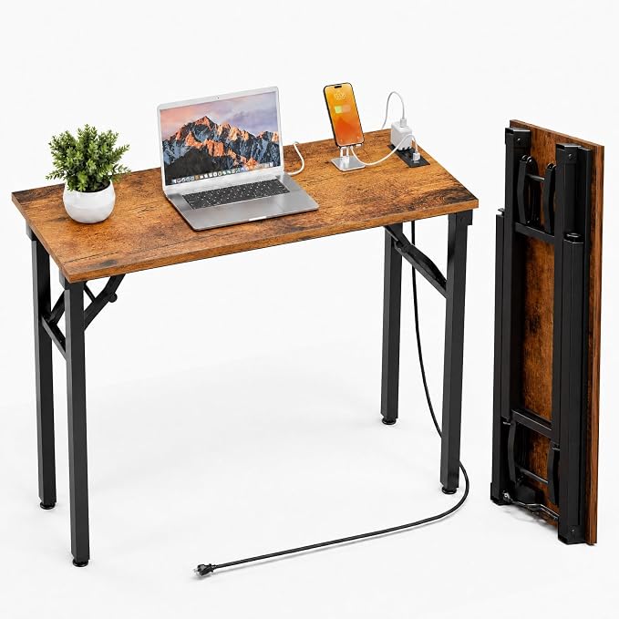 Folding Table Computer Desk - 35.8" No Assembly Folding Desk with Power Outlets & USB Charging Port, Small Desk, Foldable Office Desk, Compact Storage Portable Use for Small Space, Rustic Brown by HMFOR