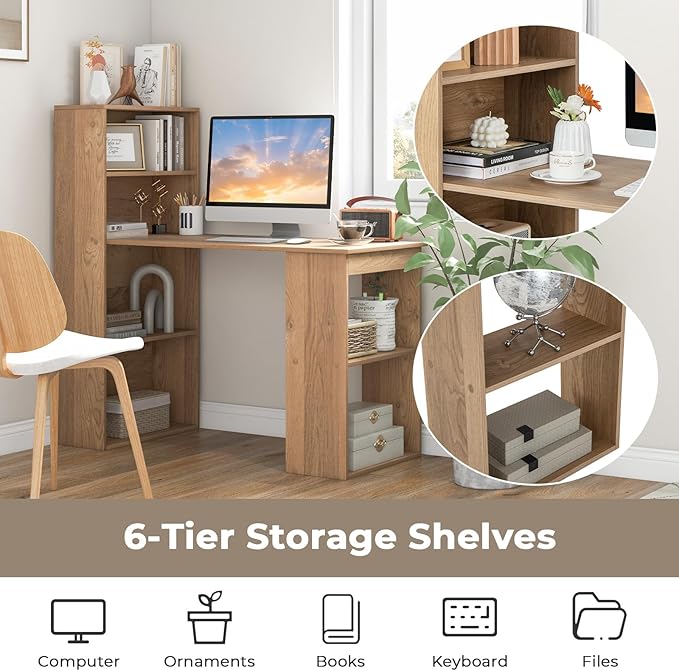 GRAFFY Computer Desk with 6 Storage Shelves - 48" Reversible Writing Desk Workstation with Bookshelf and CPU Stand, Modern Compact Office Desk for Bedroom, Study, Home, Office (Natural) - Image 3