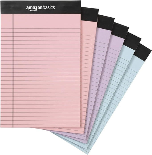 Amazon Basics Narrow Ruled Writing Pads, Perforated, 5" x 8", Multicolor, 6-Pack of 50 Sheets by AmazonBasics