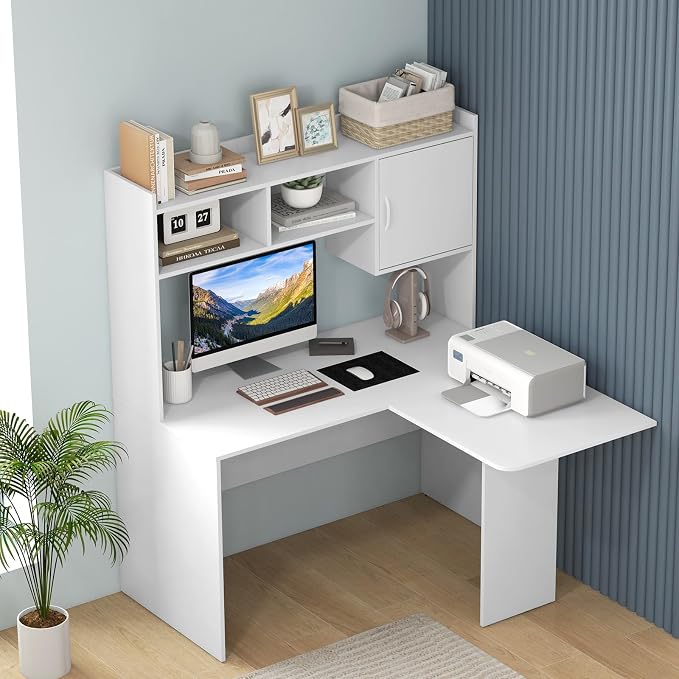 Tangkula L-Shaped Desk with Storage Hutch, Corner Computer Desk with Shelves & Cabinet, Modern Writing Study Table for Home Office, Laptop PC Workstation, White - Image 7