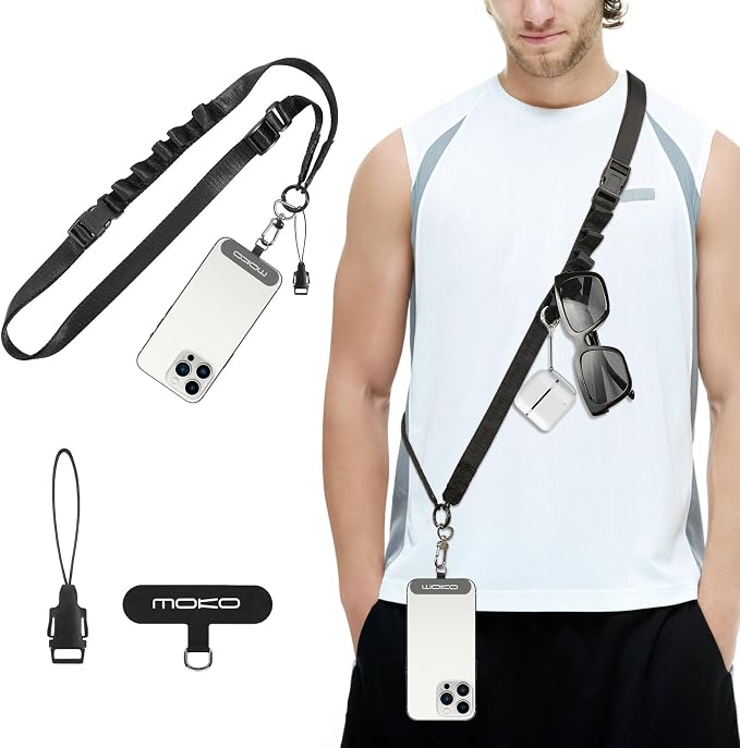MoKo Universal Phone Lanyard, Nylon Adjustable Cell Phone Crossbody Strap Detachable Women & Men Cellphone Lanyards Around the Neck with Patches for iPhone, Most Smartphones, Black by MoKo