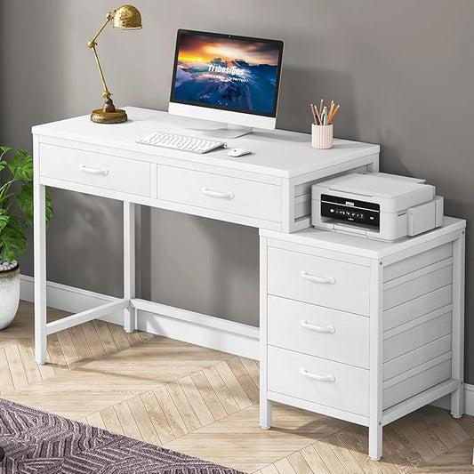 Tribesigns Computer Desk with 5 Drawers, Reversible Home Office Desks | Small Desk with Drawer Cabinet Printer Stand, PC Desk with Storage, White Study Writing Table Workstation for Small Spaces by Unknown
