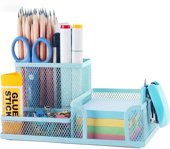 M&G Mesh Pen Holder Desk Organizers Pencil Holder for Desk Light Blue, 3 Compartments Metal Office Supply Organizer with Sticky Notes Holder for Home Office by MG
