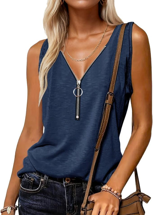 Halife Womens Half Zip V Neck Tank Tops Summer Sleeveless Shirts Casual Loose Top Blouses T Shirts by Halife