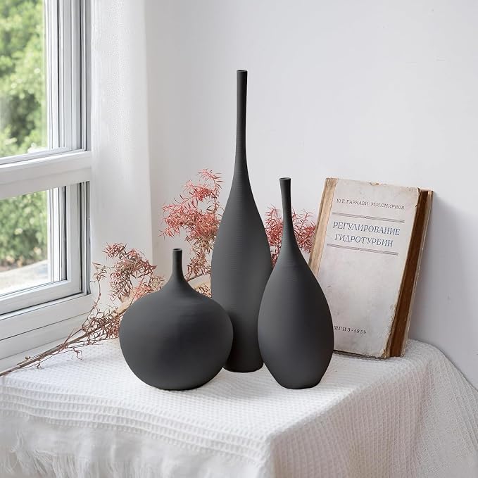 Relexome Black Ceramic Vase Modern Boho Wabi-Sabi Flower Vase Set of 3 Decorative Aesthetic Vases for Centerpieces Matte Minimalist Vases for Living Room Table Shelf Home Decor Gift - Image 8