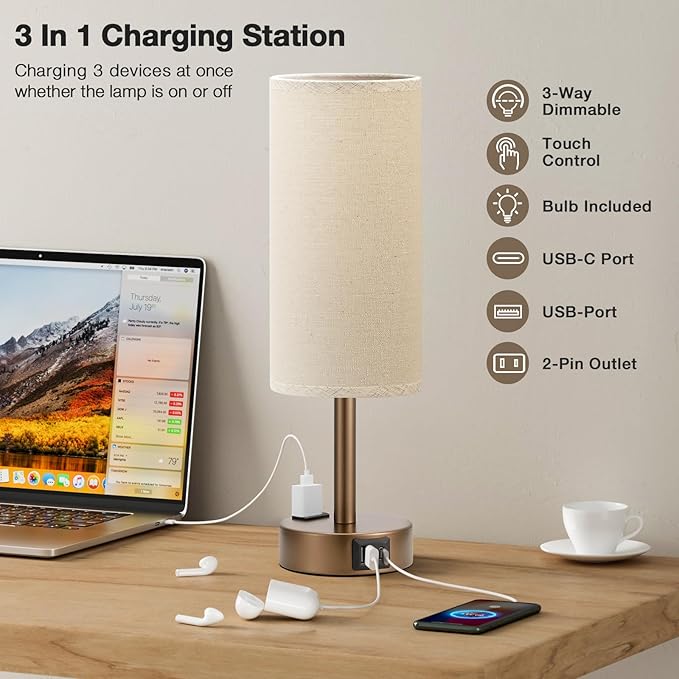 Fenmzee Brown Bedside Table Lamp for Bedroom - 3 Way Dimmable Touch Lamp USB C Charging Ports and AC Outlet, Small Lamp Round Flaxen Fabric Shade for Living Room, Desk, LED Bulb Included - Image 2