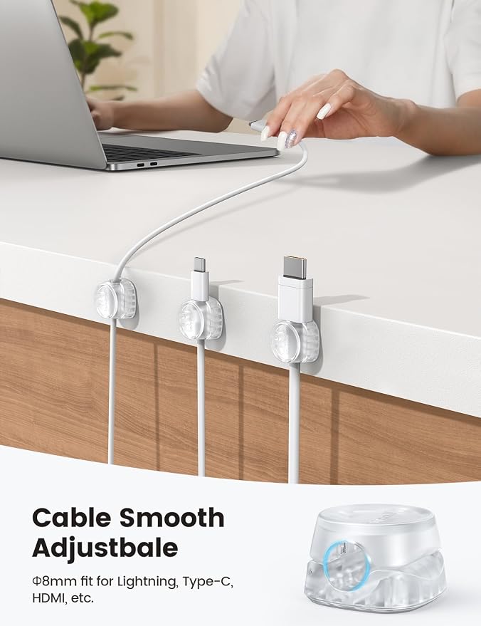 Lamicall 12 Pack Cord Organizer, [1s Lock] Spring Cable Holder Clips | Smooth Adjustable, Adhesive Phone Charger Cable Management Wire Keeper for Nightstand Desk Wall Car Office Home, Clear - Image 6